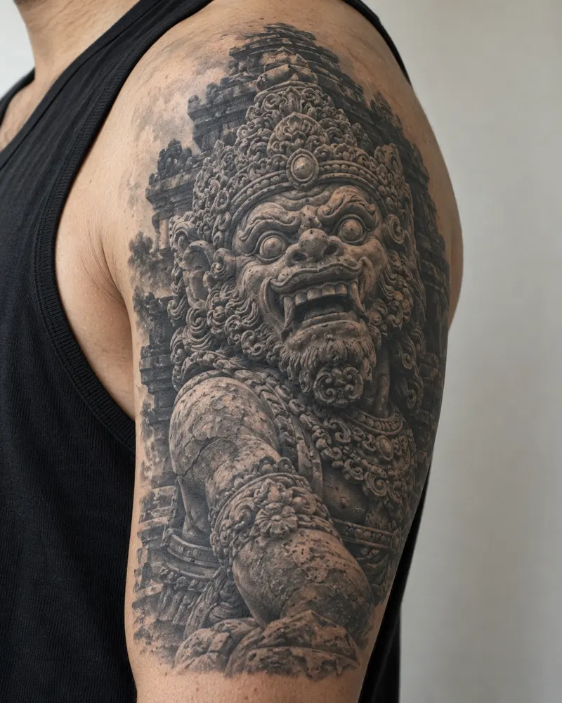 Black and grey temple guardian statue tattoo on an upper arm