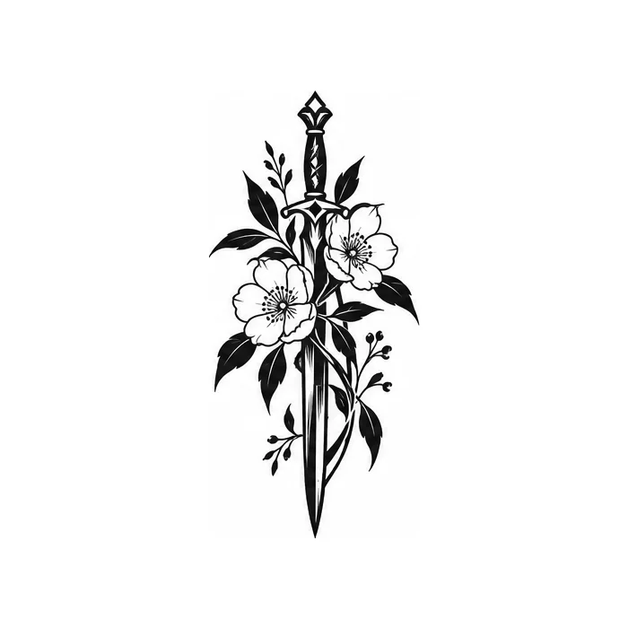 Dagger and Bloom, blackwork flash design