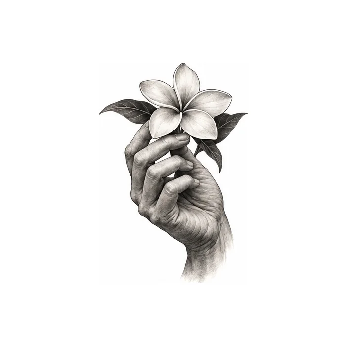 Hand and Frangipani, black and grey realism flash design